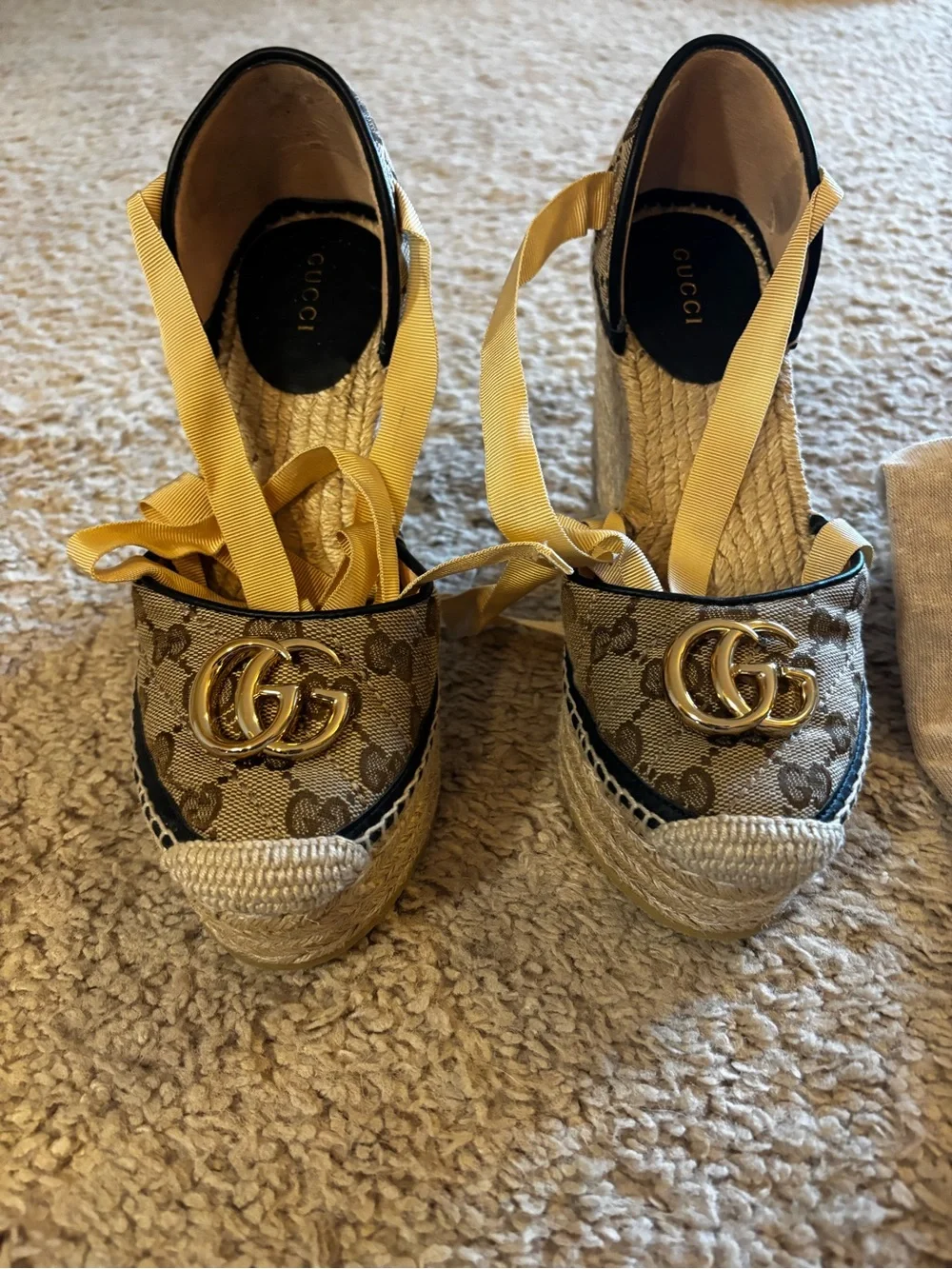 Gucci Beige GG Canvas Espadrille Wedges with Yellow Ribbon